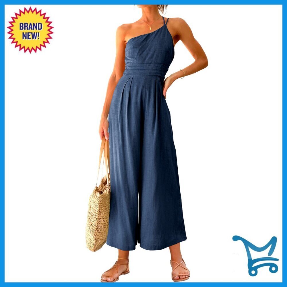 One Shoulder Straps High Waist Wide Leg Linen Jumpsuit Elegant Chic Summer